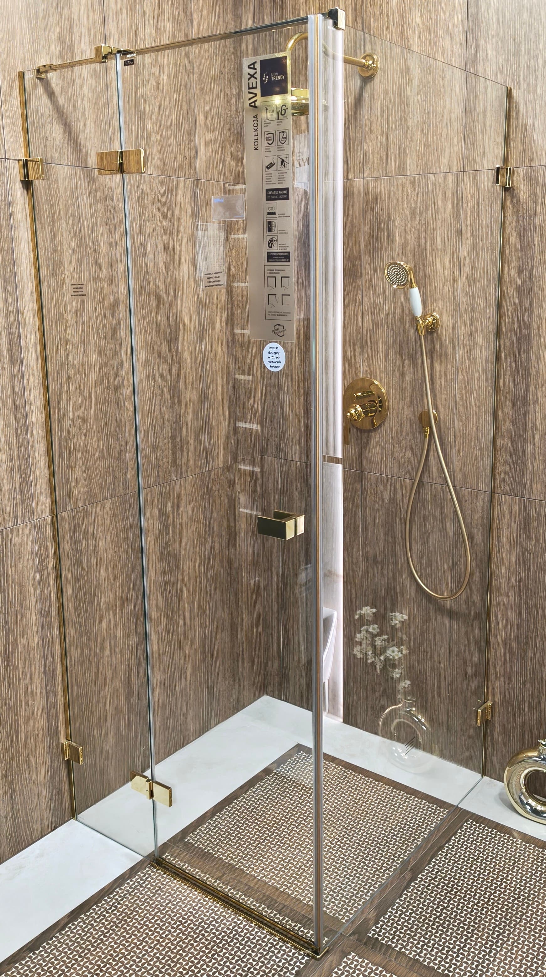 NEW TRENDY Kabina prysznicowa AVEXA GOLD SHINE L kwadratowa drzwi pojedyncze 90x90x200 szkło czyste 6mm Active Shield EXK-1660 - Powystawowy Poznań