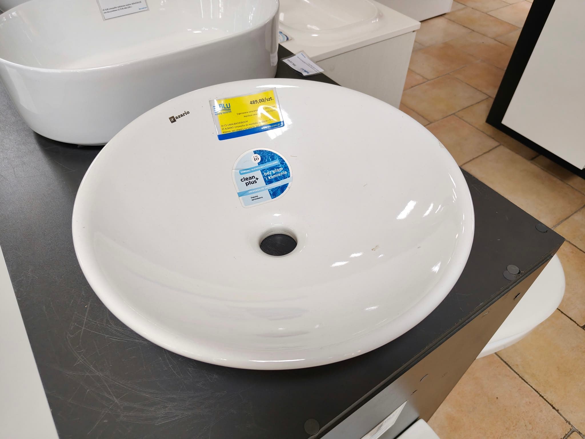 IO ALBANO Umywalka do montażu na blacie - fi = 400  mm, bez otworu na baterie, bez otworu przelewowego z powłoką CLEAN PLUS+ biała AZUMALB.1120.01.125 *30 *W  **ekspo - Powystawowy Nowy Sącz
