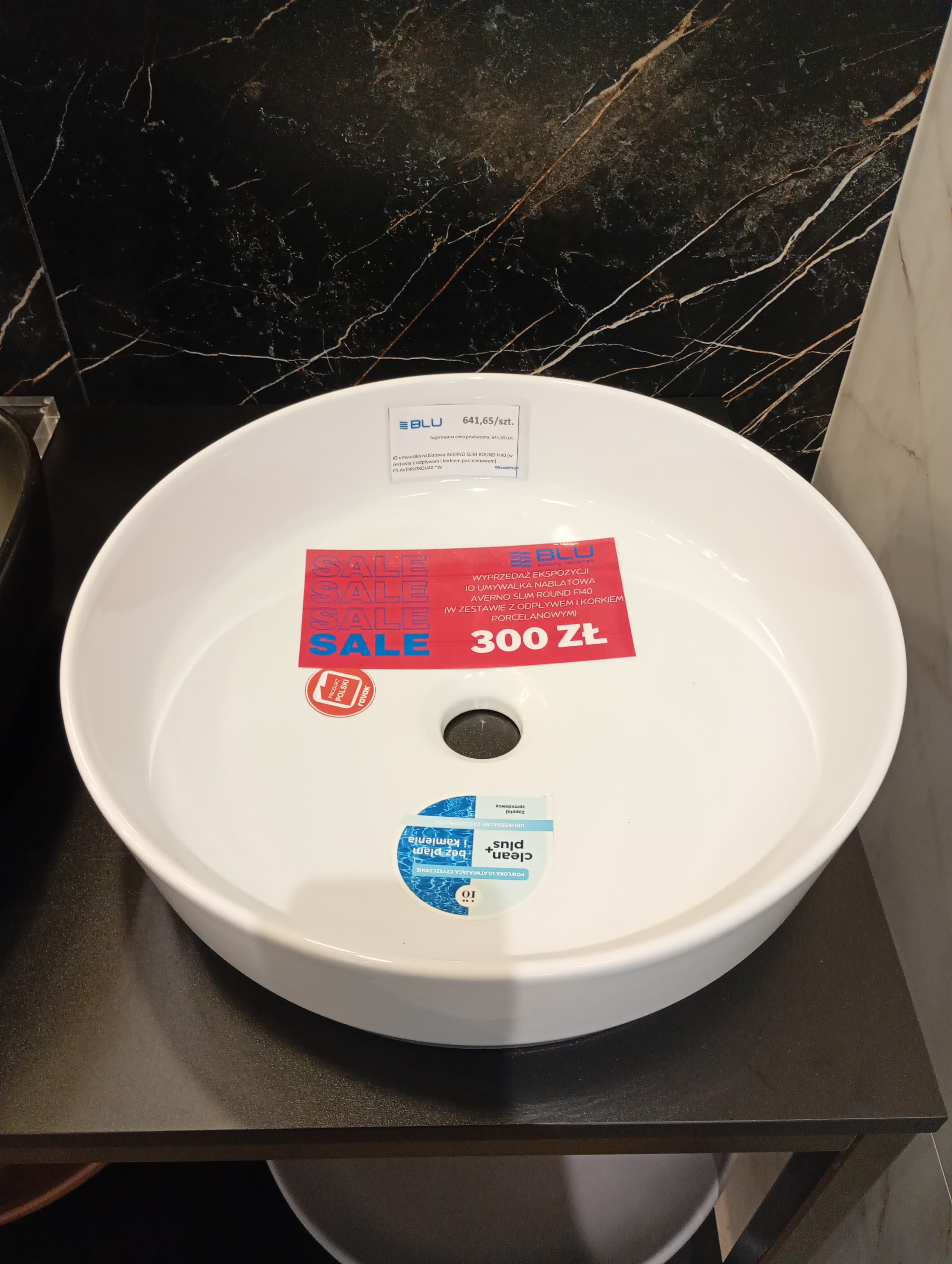 IO umywalka nablatowa AVERNO SLIM 37x37 z otworem na baterię (w zestawie z odpływem i korkiem porcelanowym) CS.AVERNO37 - Powystawowy Katowice