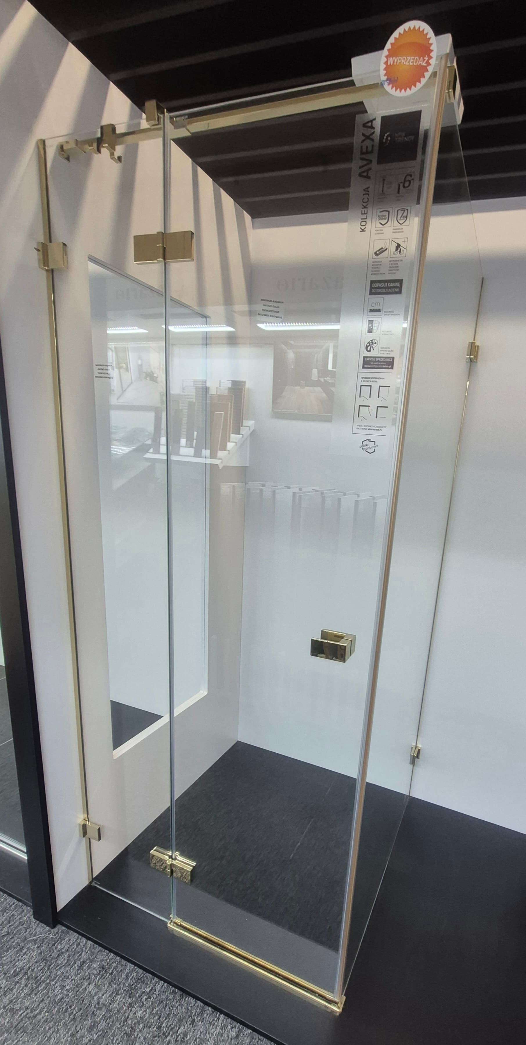 NEW TRENDY Kabina prysznicowa AVEXA GOLD SHINE L kwadratowa drzwi pojedyncze 90x90x200 szkło czyste 6mm Active Shield EXK-1660 - Powystawowy Zduńska Wola