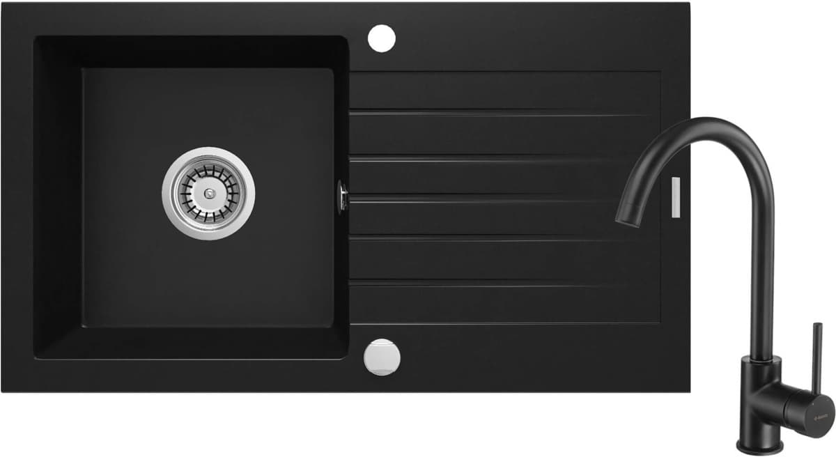 DEANTE ZLEW. ZORBA NERO GRANIT 1K Z/O 760X440X160, 3,5" + OSPRZĘT SPACE-SAVER + BATERIA MILIN Z WYLEWKĄ "U"   ZQZVN113 - Powystawowy Bochnia