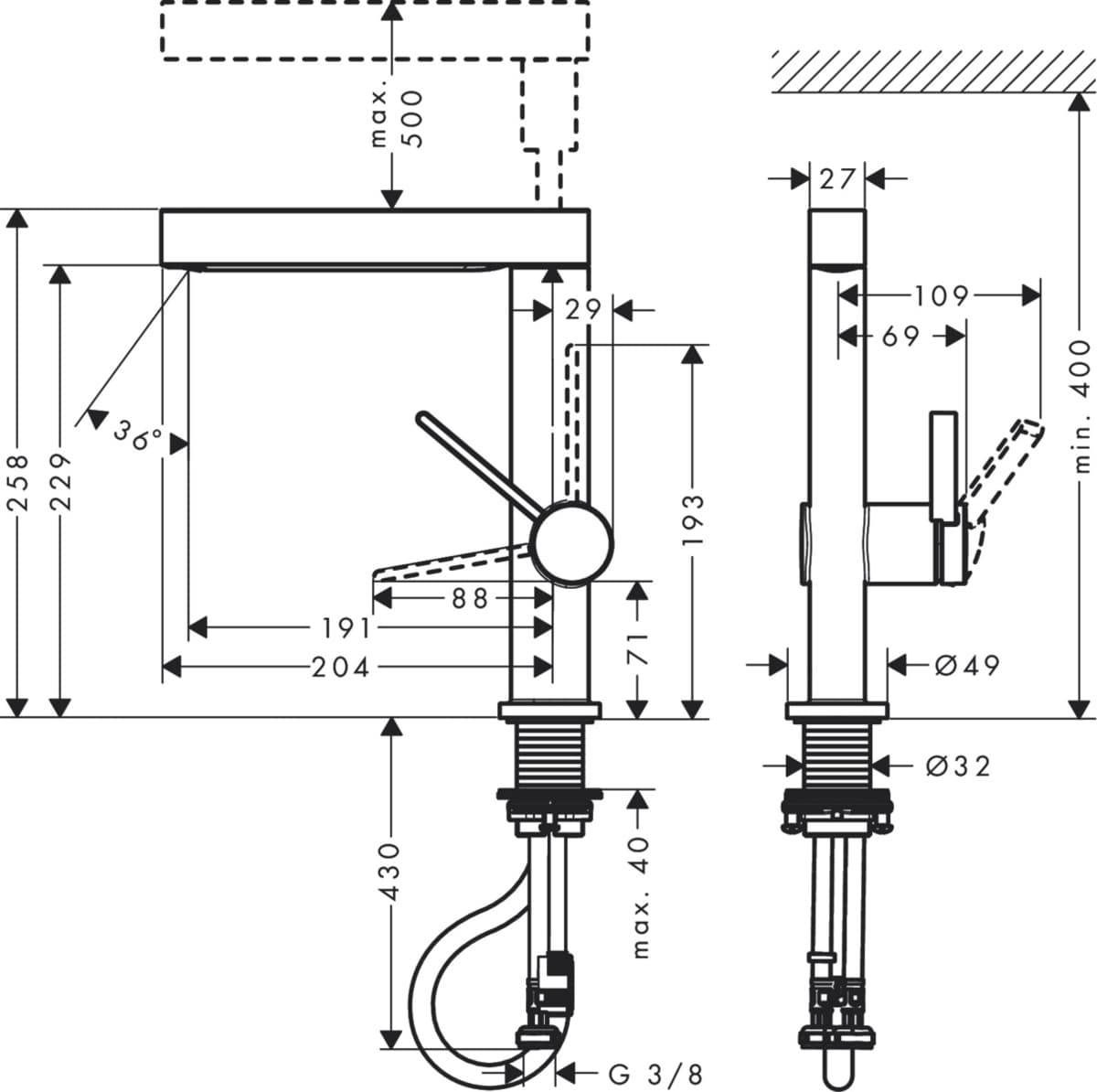 HANSGROHE 76063000 FINORIS bat. umyw. 230 z wyciąganą wylewką 2jet i kompletem odpływowym Push-Open Chrom - Powystawowy Białystok