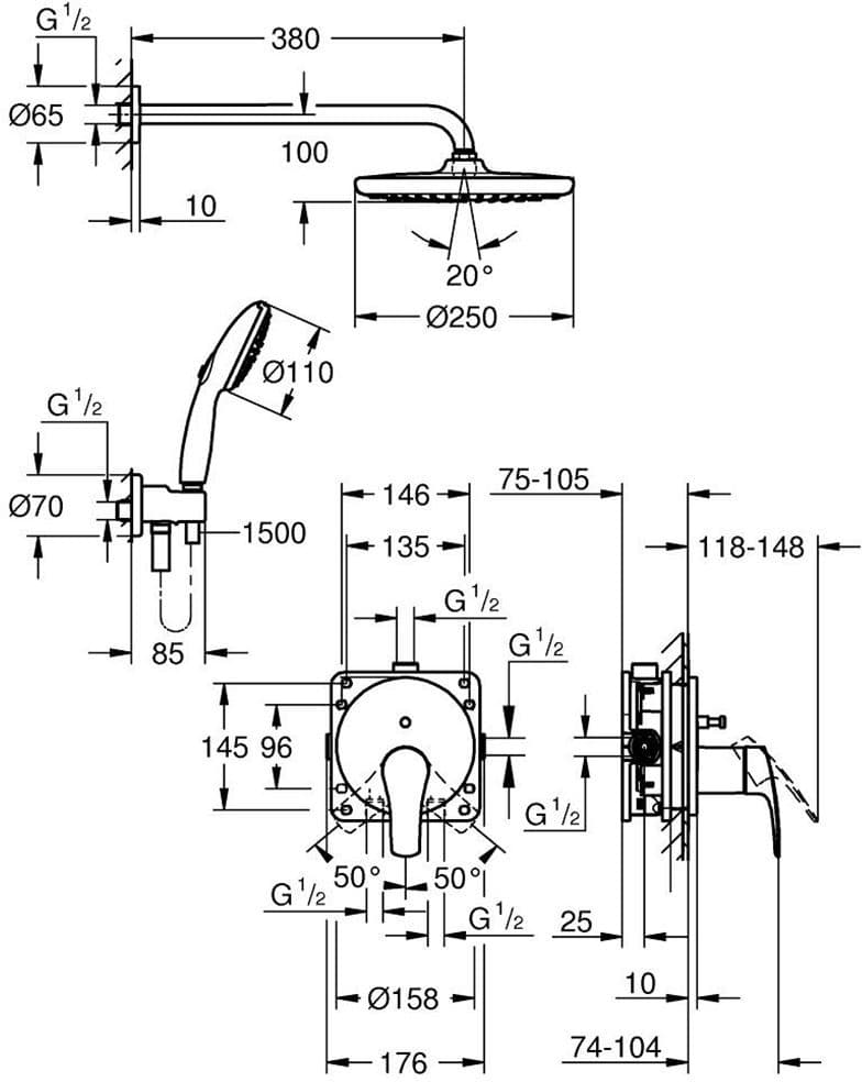 GROHE 25288000 Eurosmart Podtynkowy zestaw prysznicowy z deszczownicą Tempesta 250, Chrom - Powystawowy Łomża