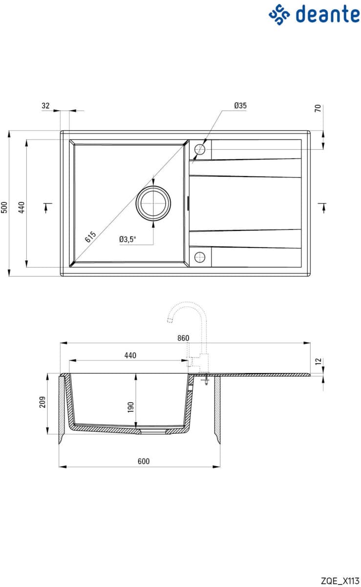 DEANTE ZLEW. ERIDAN ANTRACYT METALIK GRANIT 1K Z/O 860X500X203 + OSPRZĘT SPACE SAVER LUX  ZQE T113  **ekspo - Powystawowy Chełm