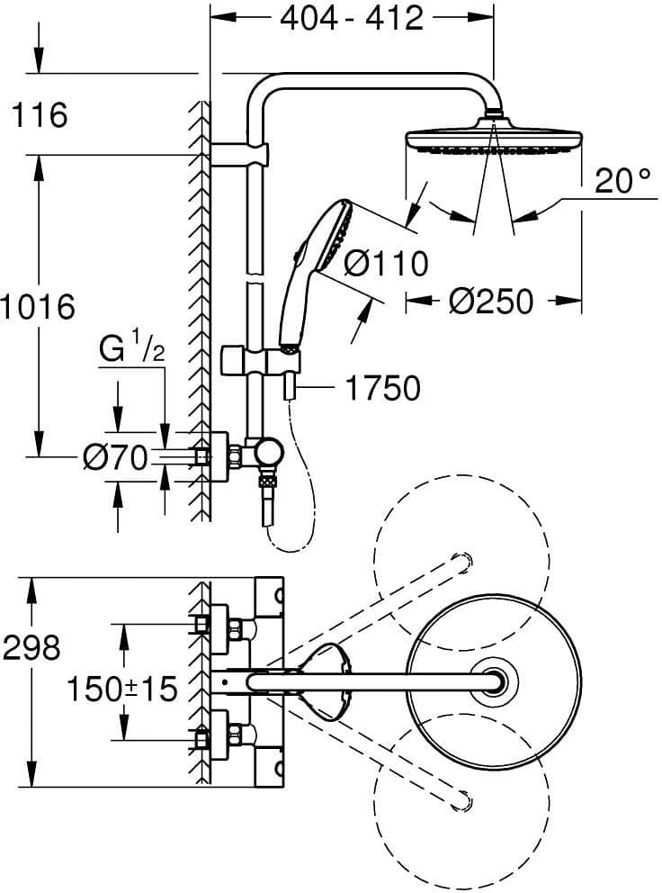 GROHE 26670001 TEMPESTA SYSTEM 250 System prysznicowy z termostatem do montażu ściennego chrom  *nowy indeks - Powystawowy Kalisz